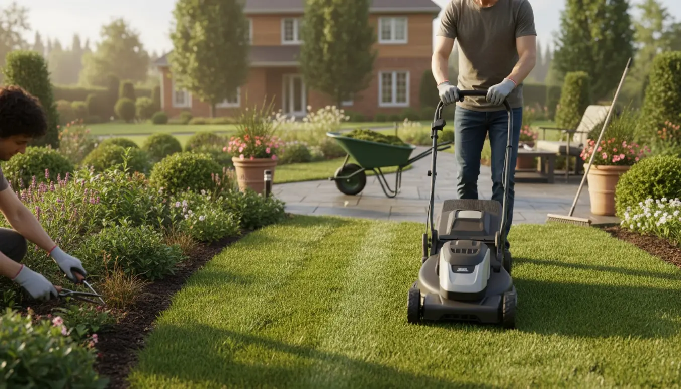 Hænder og haveredskaber i arbejde med græsslåning, lugning og fejning i en velplejet parcelhushave.