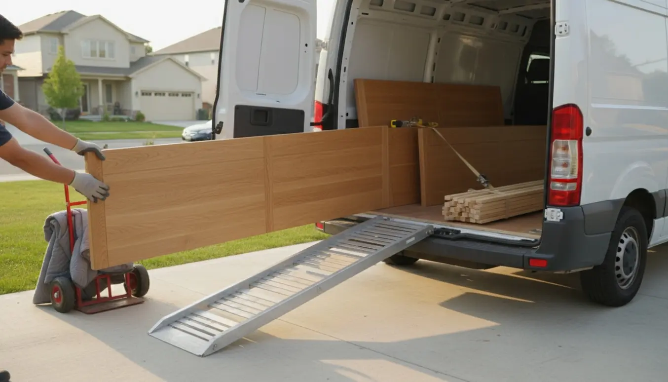 Næsten adskilt sengestel i kernebøg og en bunke lameller læsses i en varevogn.