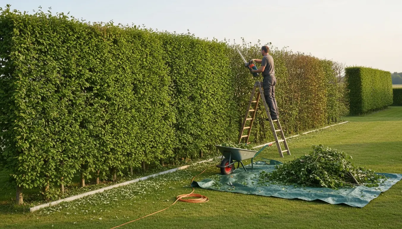Foto af en person, der beskærer en 2–2,5 m høj bøgehæk med hækkeklipper, med tydelig før-og-efter-effekt langs en lang hæk.