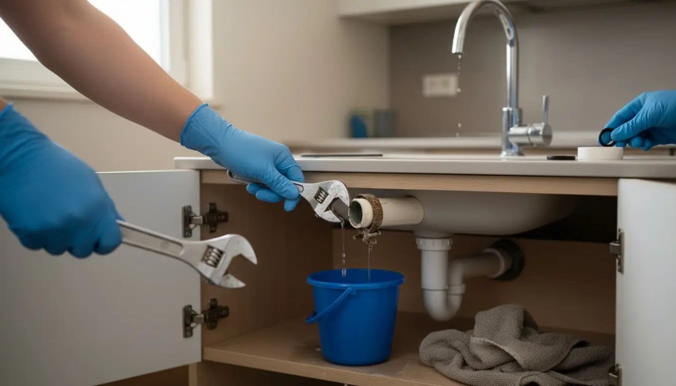 VVS-reparation med brækket rør under håndvask og udskiftningspakning til køkkenvask.
