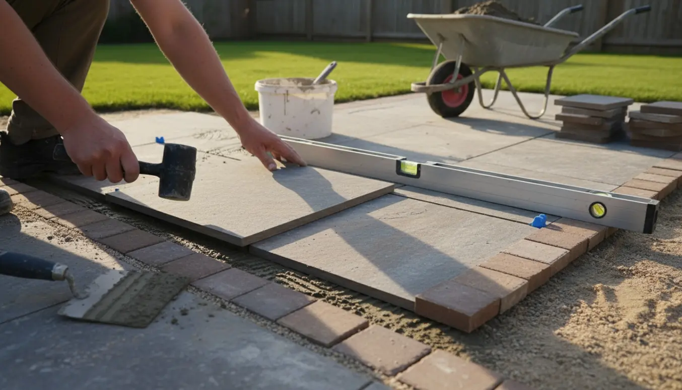 Hænder lægger nye fliser på en terrasse med små kantfliser og værktøj synligt.