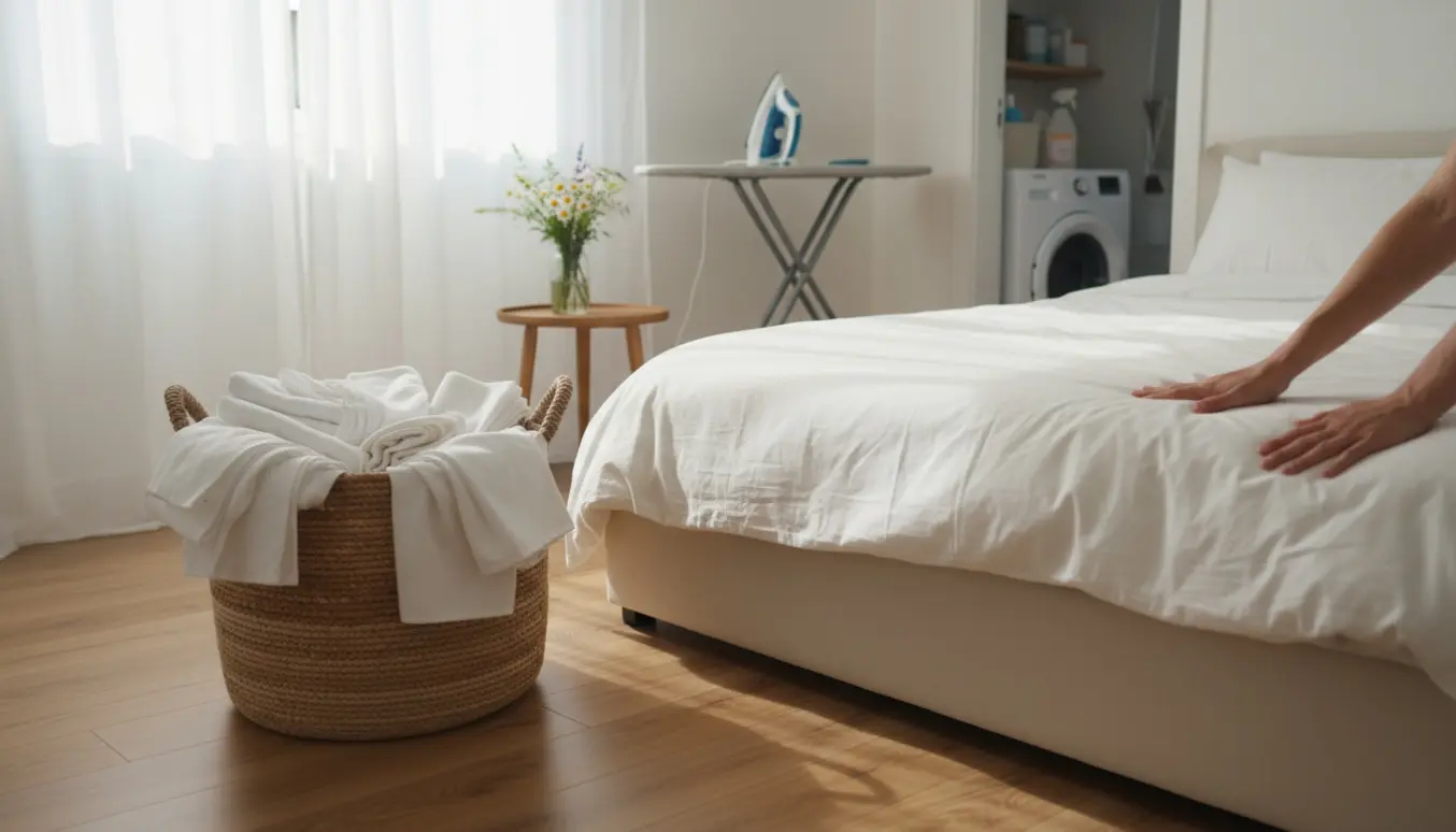 Nyopredt seng med friskvasket sengetøj og sammenfoldede håndklæder i et lyst udlejningsværelse.