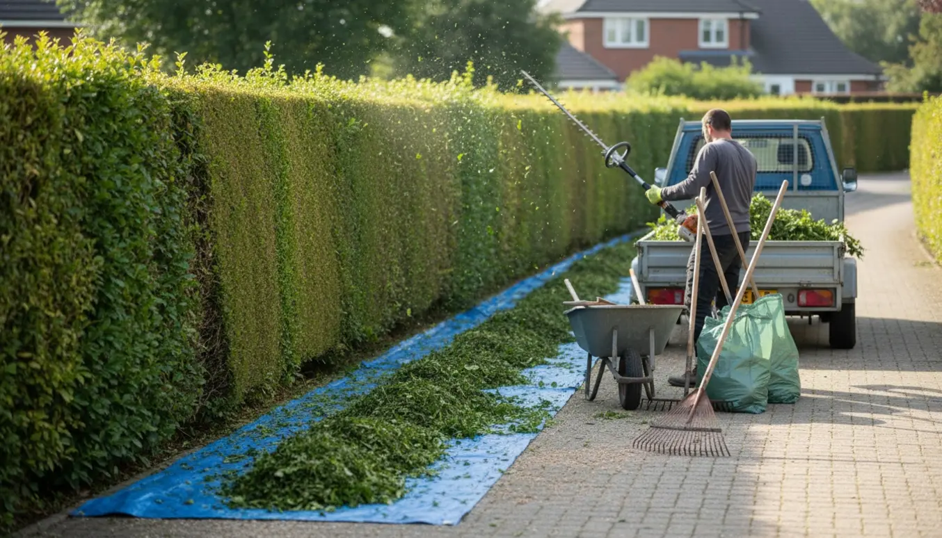 En arbejder trimmer en lang ensidet hæk langs indkørsel, mens afklip samles i trailer og på en presenning.