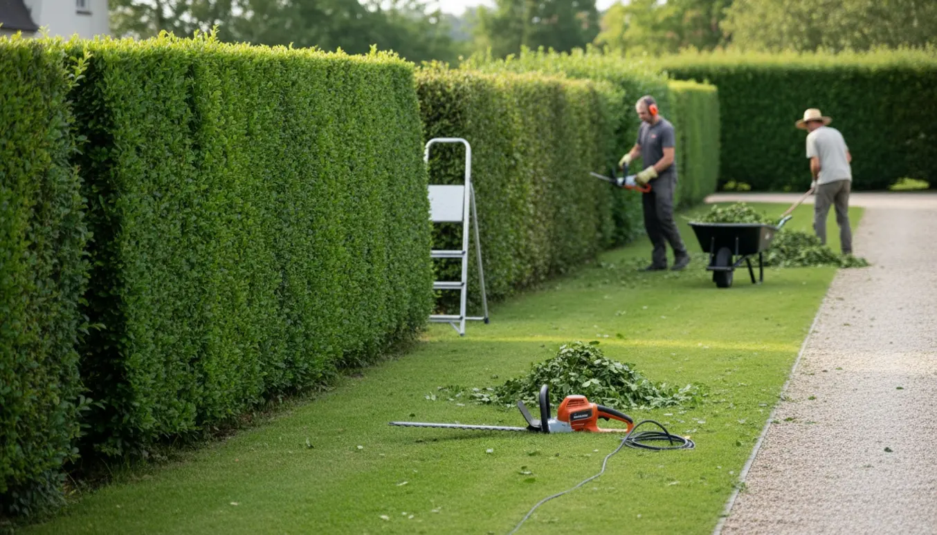 Lang hæk ved villahave bliver professionelt klippet, med redskaber og bunker af afklip på græsset.