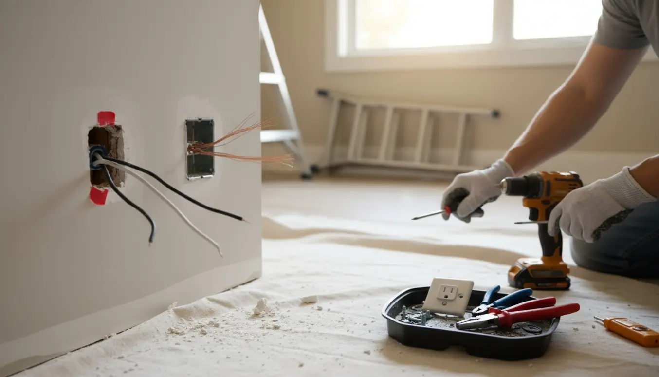 Et rumhjørne hvor en elektriker i handsker flytter en stikkontakt med åbne ledninger og en ny installationsdåse klart på højre væg.