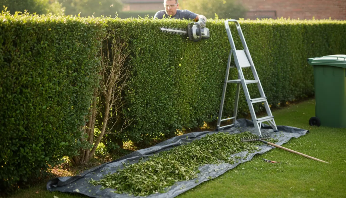 Nærbillede af hækkeklipning, hvor top og sider af en tæt hæk bliver beskåret og afklip ligger på en presenning.