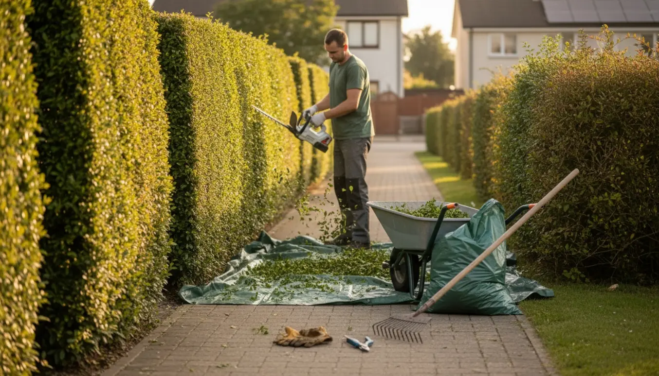 Bagvendt gartner klipper en ca. 170 cm høj ligusterhæk, mens afklip samles i trillebør og på presenning.