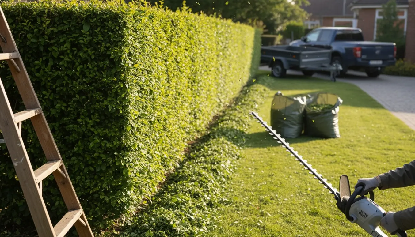 Lang bøgehæk klippes, med hækkeklipper, fyldte affaldsposer og trailer klar til afhentning.