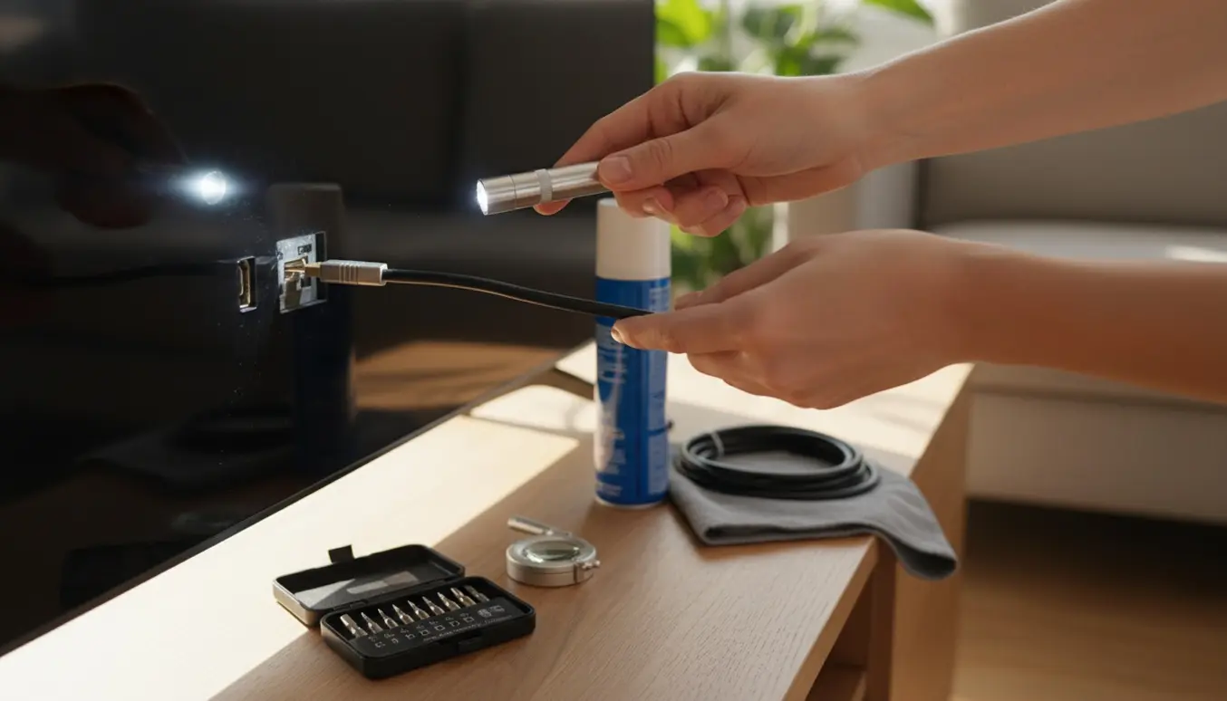 Hænder inspicerer et HDMI-stik og port på et fladskærms-tv med værktøj og kabel på et bord.