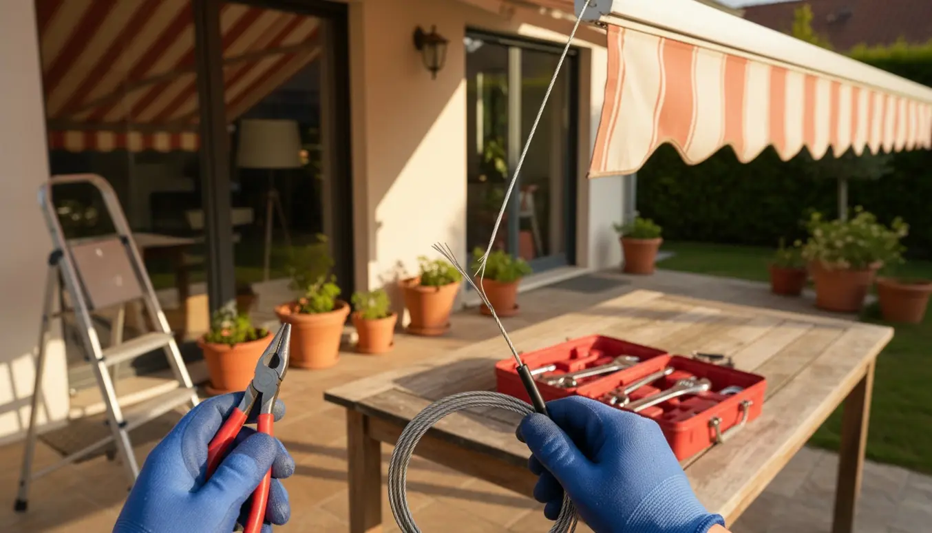 Nærbillede af en ødelagt wire i en markisearm med værktøj klar til reparation på en solbeskinnet terrasse.