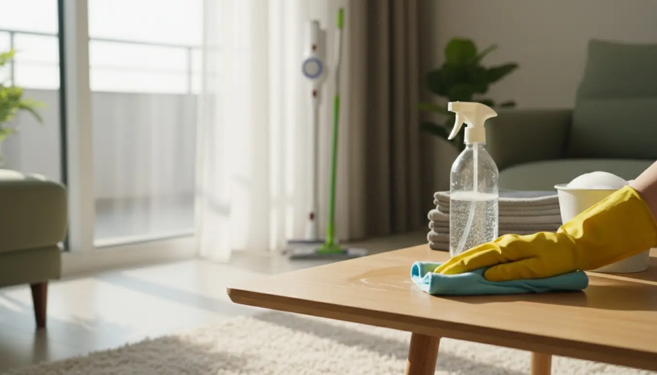 Hænder i gummihandsker tørrer et træbord i en lys, ryddelig stue med rengøringsmidler i baggrunden.