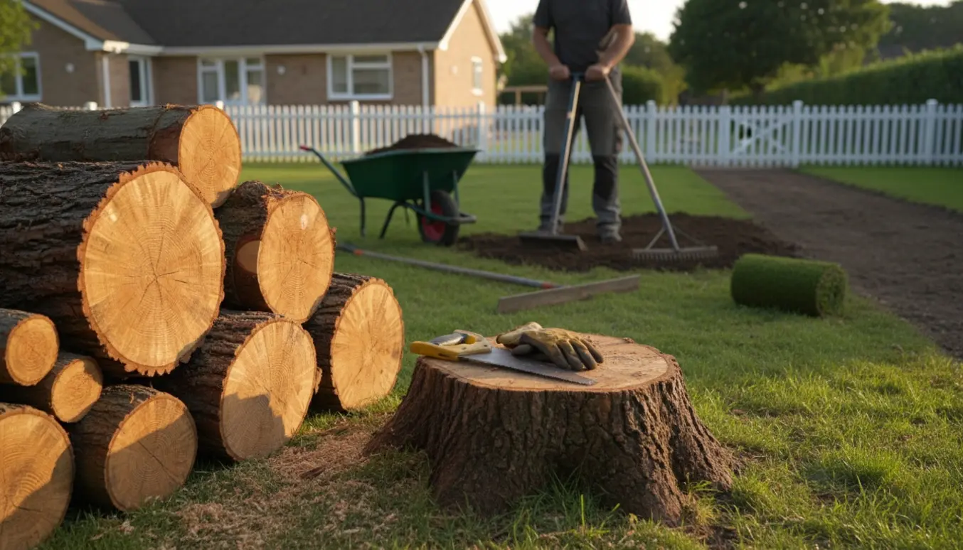 Fældet egetræ og planering af ujævn havejord med skårne stammer, værktøj og en arbejder set bagfra.
