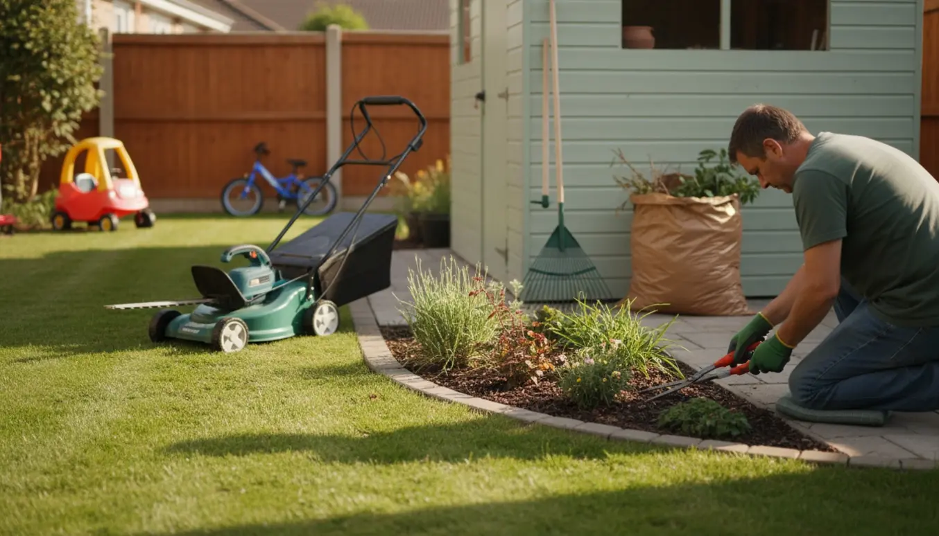 En havepasser set bagfra, der klipper hæk og renser blomsterbed i en velholdt familiehave.
