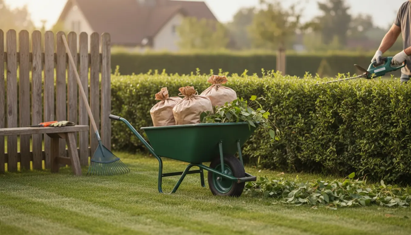 Nærbillede af hæk og nyslået græs med haveredskaber og en trillebør fyldt med haveaffald.