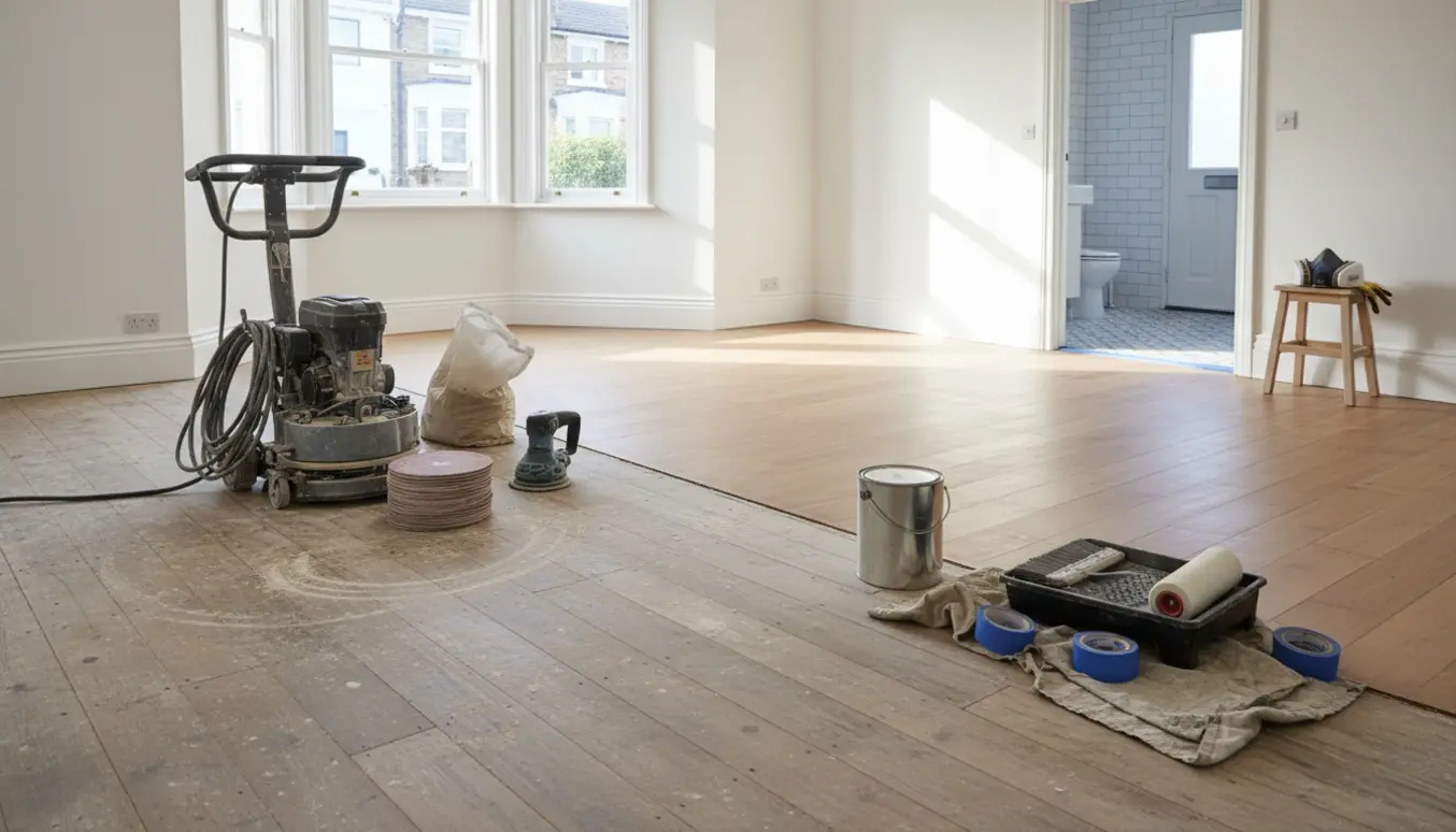 Rækkehusinteriør med gulv under gulvslibning og en nylakeret sektion.
