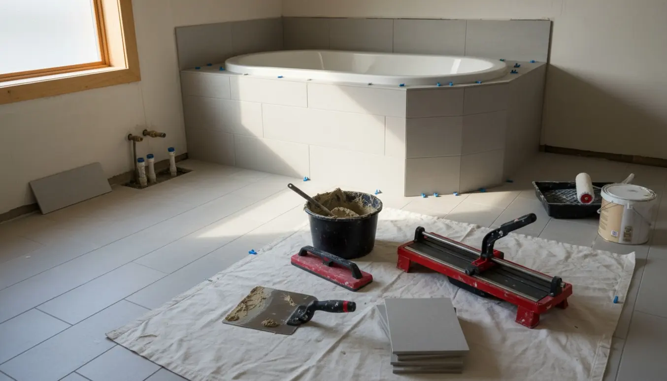 Badeværelse under renovering med fliser på gulv og ved badekar samt værktøj til flisearbejde.