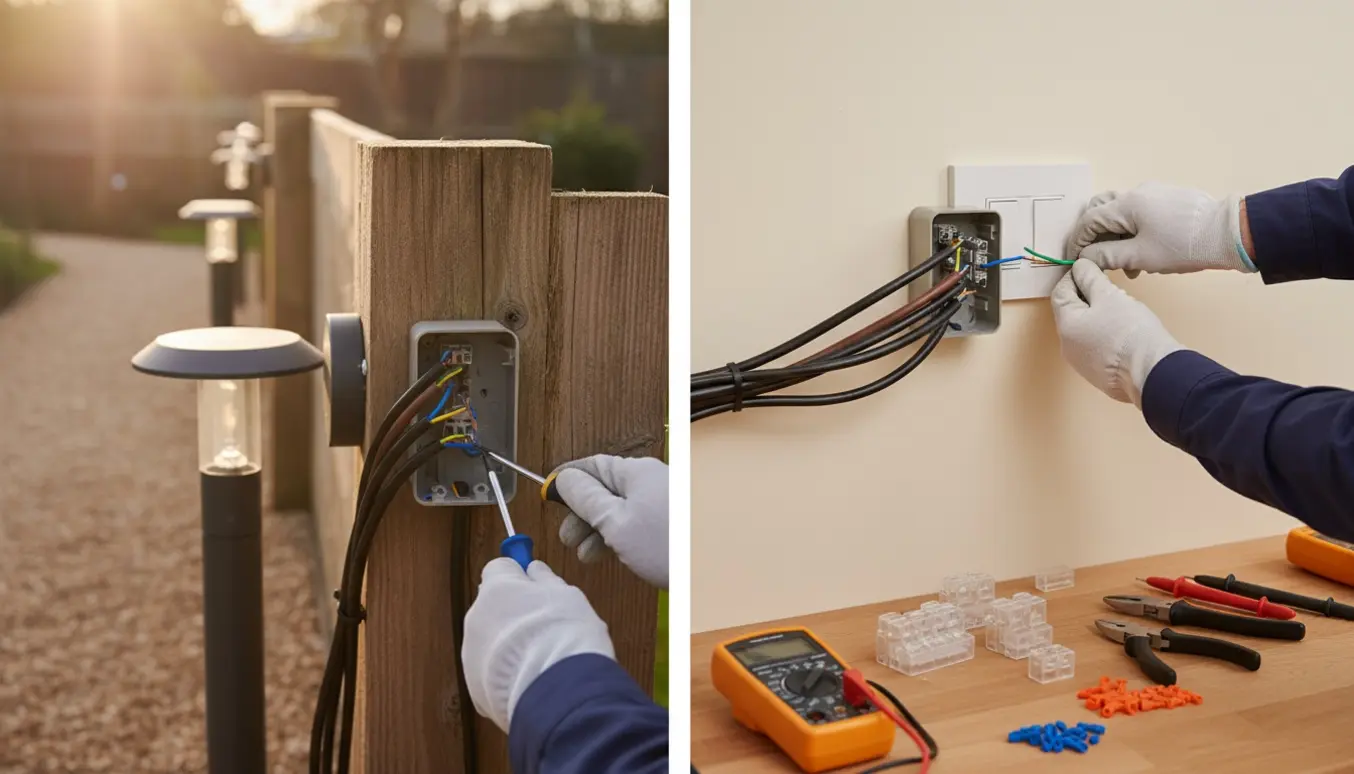 Nærbillede af hænder, der tilslutter tre havelamper, en sensor og en kontakt.