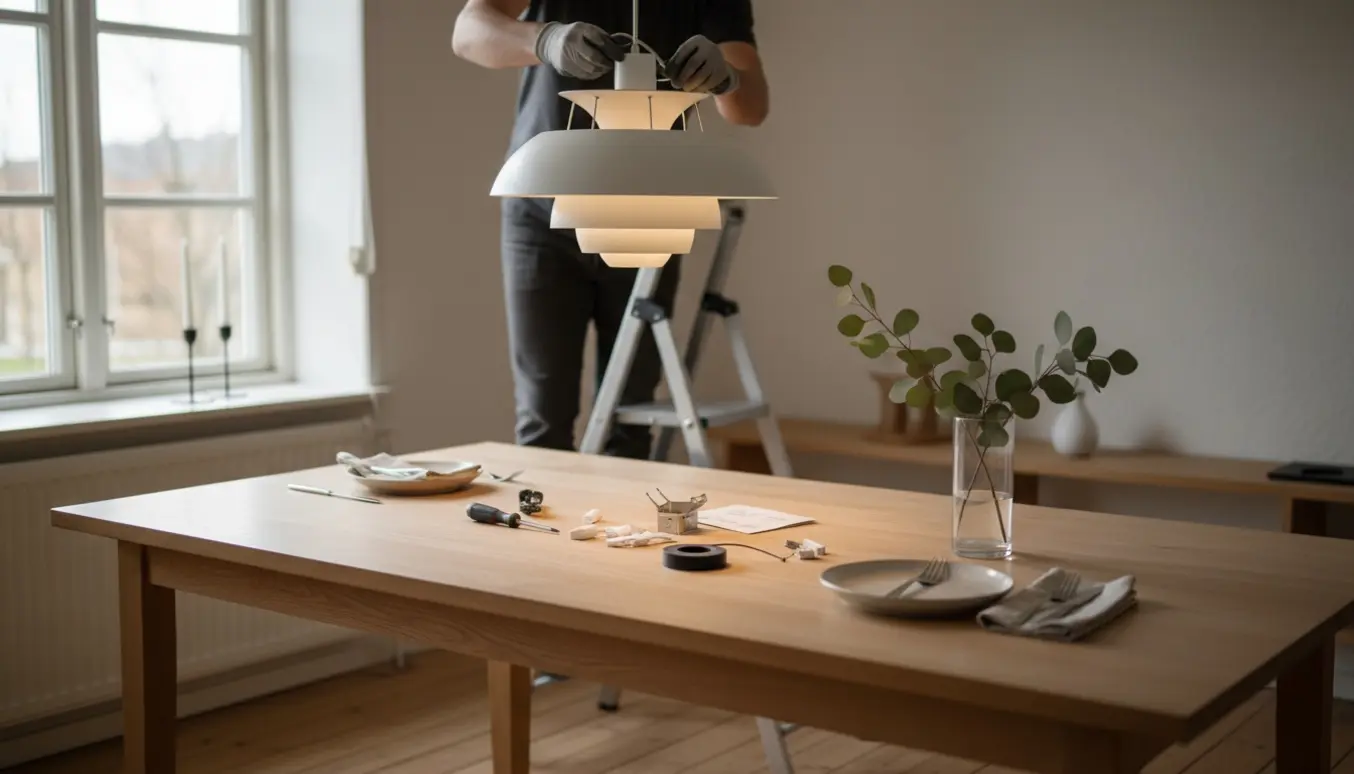 En person monterer en hvid Snowball-pendel over et træspisebord, med værktøj og stige i et lyst, skandinavisk rum.