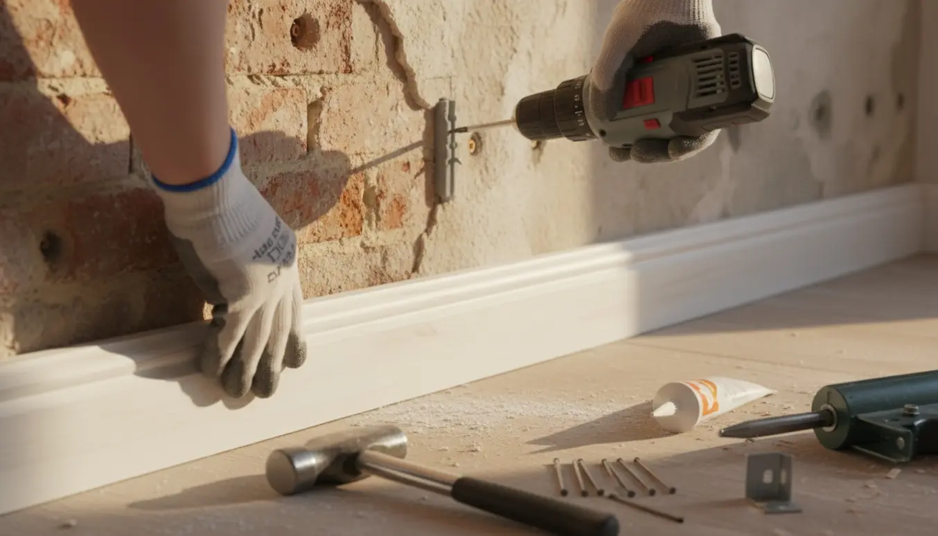 Nærbillede af hænder, der sætter et løst hvide fodpanel fast mod en rå mur med boremaskine og værktøj.
