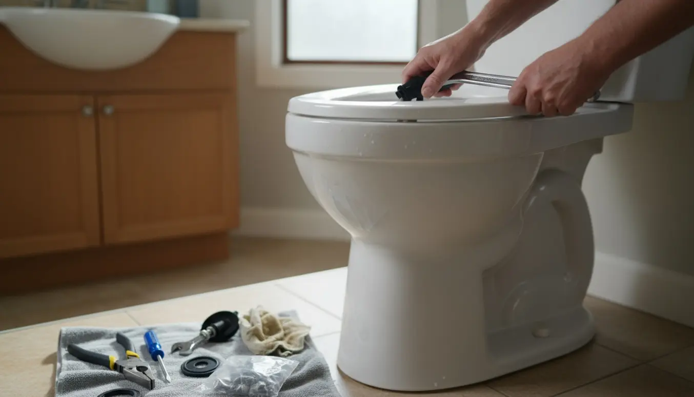 Hænder justerer indmaden i en åben toiletcisternen med værktøj lagt ved siden af.