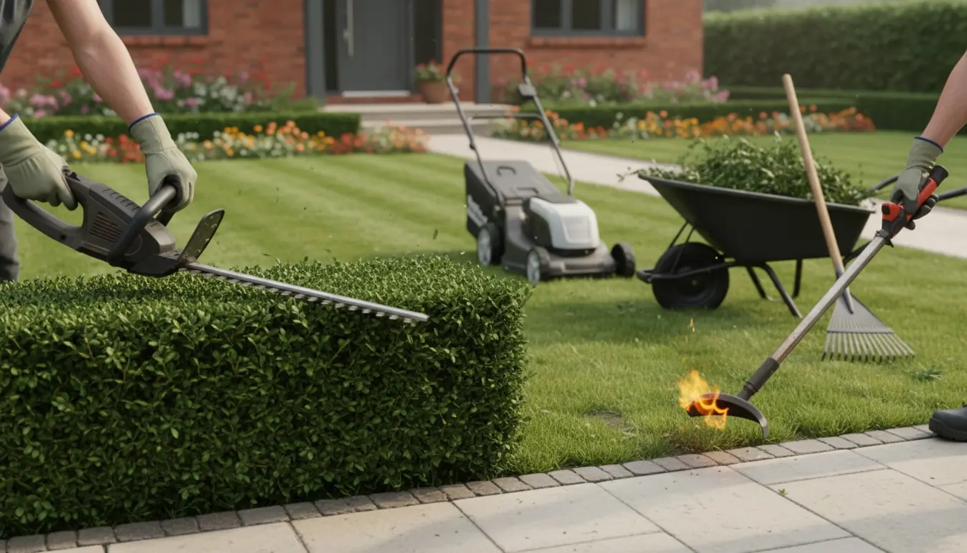 Nyligt klippet hæk, nyklippet græs og ukrudt mellem fliser brændt væk i en forhave.