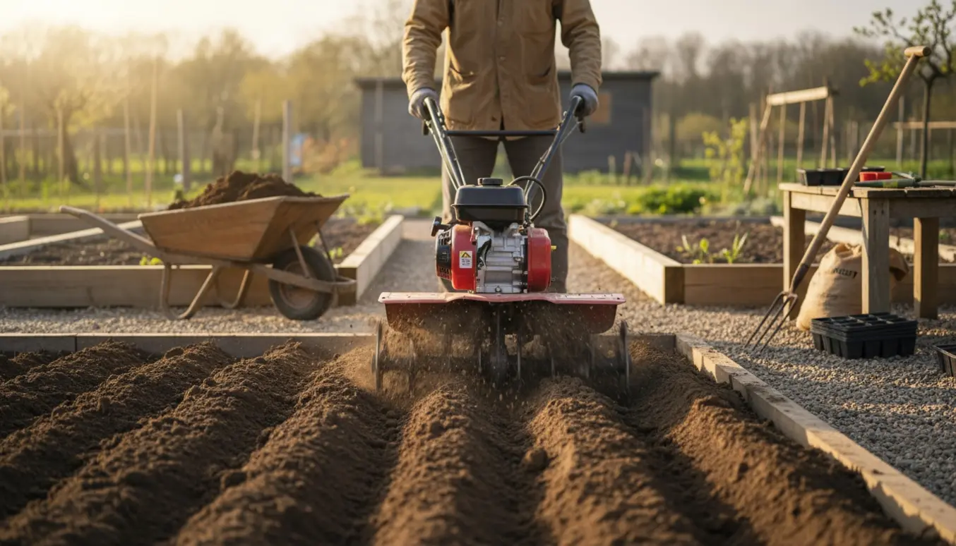 Motorfræser vender mørk, forårsforberedt jord i en køkkenhave med redskaber i baggrunden.