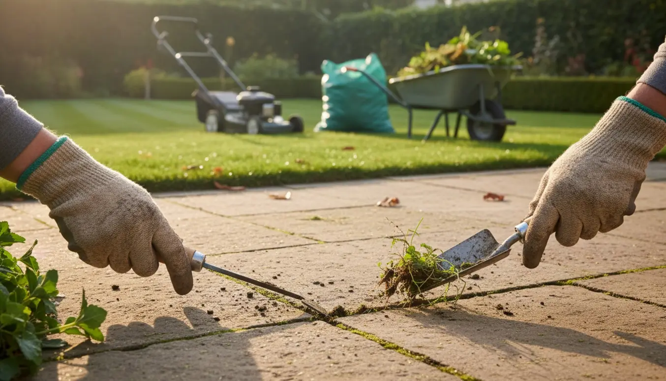Hænder der fjerner ukrudt mellem fliser med haveværktøj, nyklippet græs og pose med haveaffald i baggrunden.