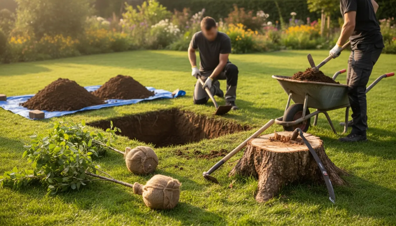 Gravning af hul til trampolin i have med jord, klargjorte træer og en delvis rådden træstub.