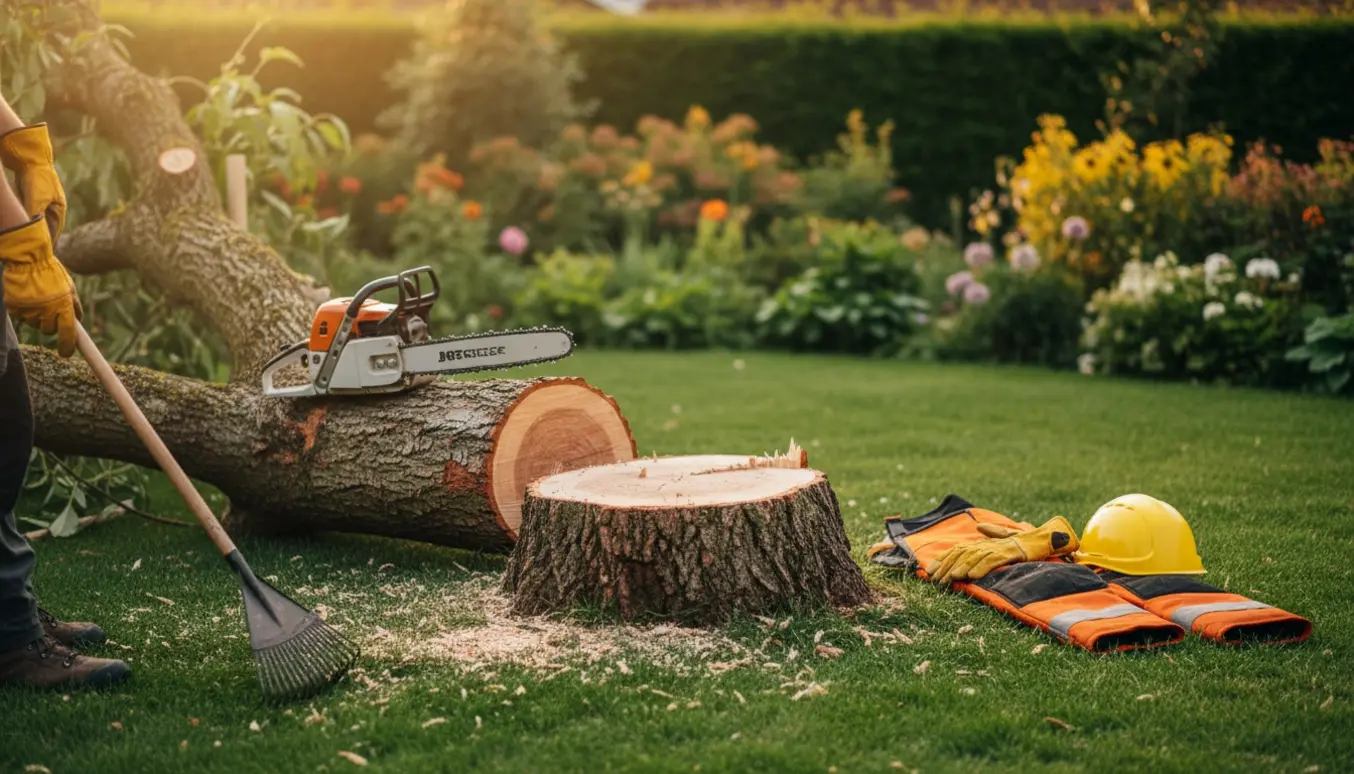 Frisk fældet træ med næsten jordnært stød, motorsav og sikkerhedsudstyr i en have.