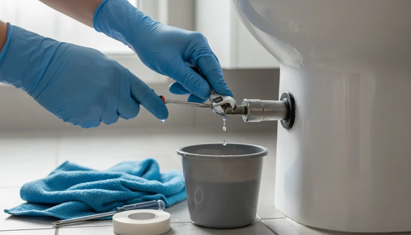 Nærbillede af hænder, der strammer en løs skrue ved tilløbsstykket på et toilet med vanddråber og værktøj.