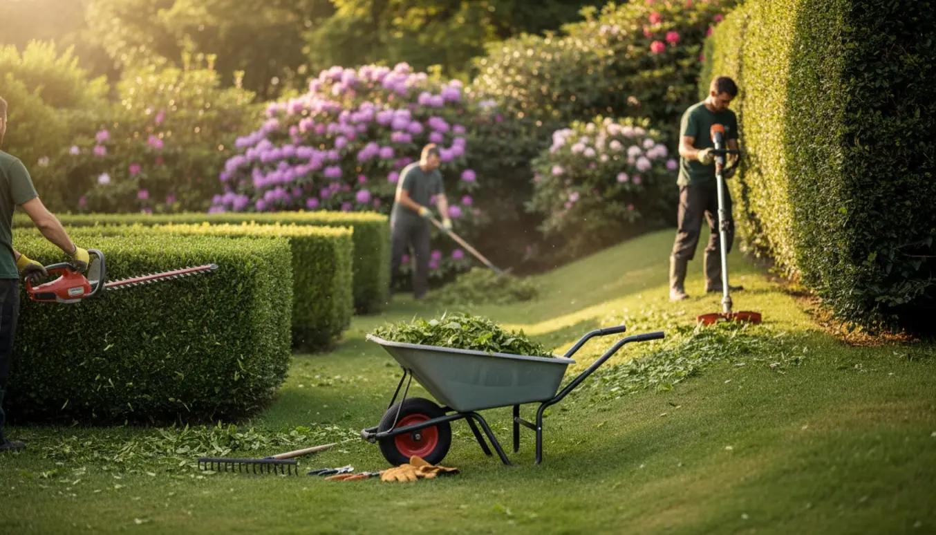 Gartner beskærer flere hække i en have med værktøj og en teleskopklipper ved en høj hæk over en skrænt.