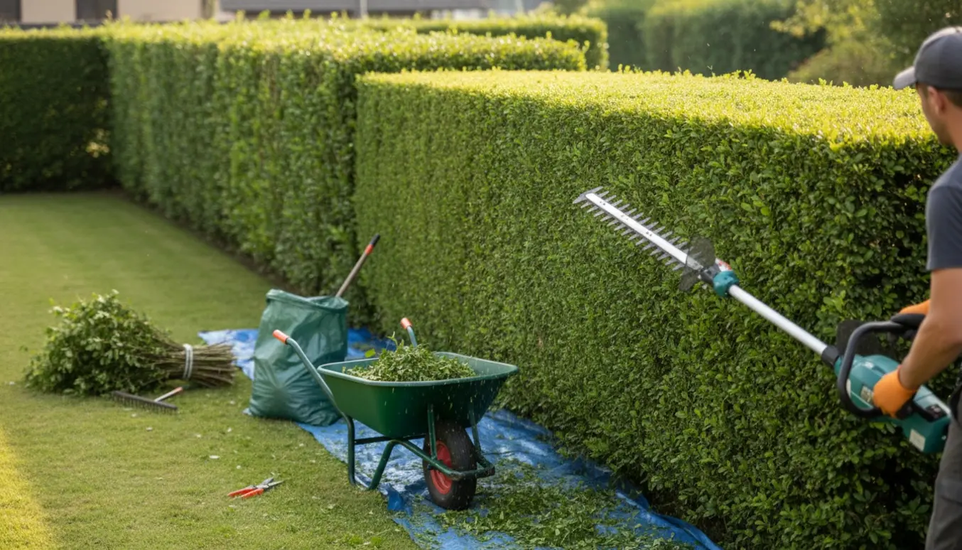Hæk trimmes langs en lang havesti med elektrisk hækkeklipper, og afklip samles i trillebør og på presenning.