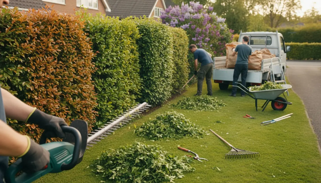 Professionel havescene med beskårne bøgehække, liguster og syren og opsamling af afklip i trillebør og haverposer.