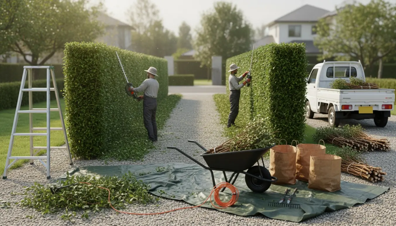 To lange hække ved en bolig bliver klippet og samlet sammen til bortkørsel, arbejdere ses bagfra og værktøj og poser står klar.