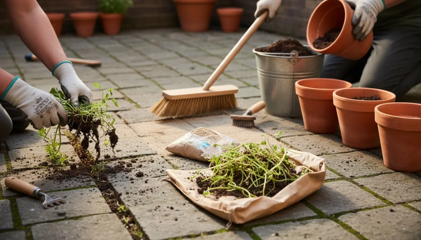 Nærbillede af en lille gårdhave hvor hænder fjerner ukrudt mellem fliser, tømmer krukker og fejer fugesand.