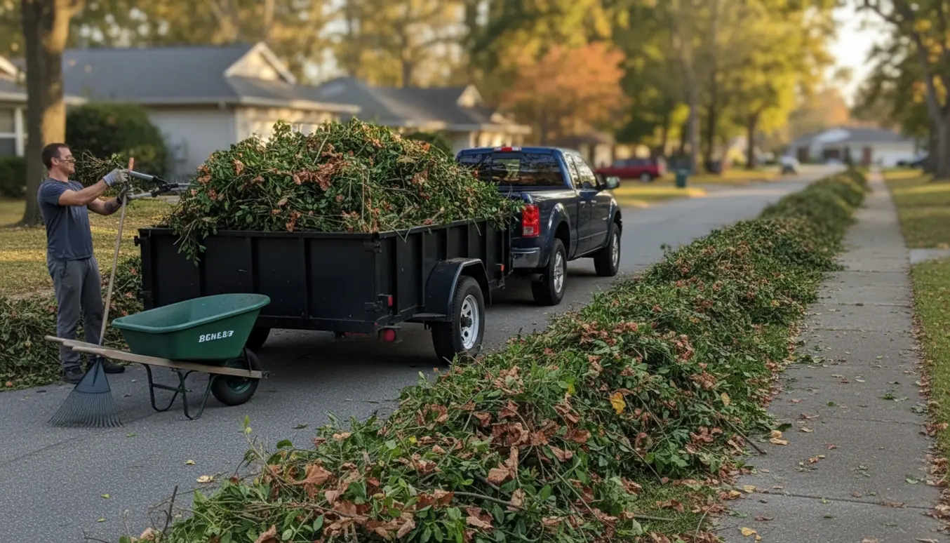 Trailer og store bunker af beskårne grene og blade ved vejkant klar til afhentning.