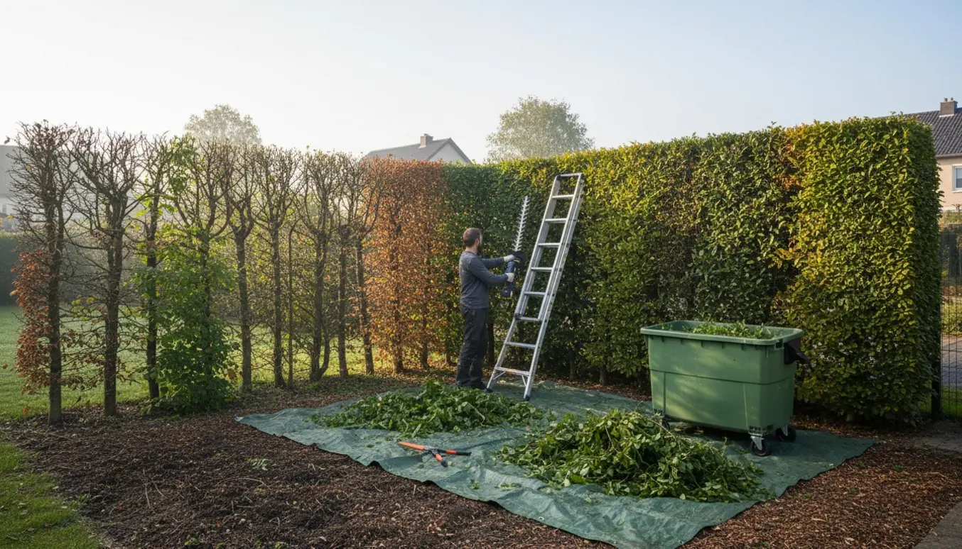 Lang bøgehæk klippet på den ene side med haveredskaber og en fyldt container i forgrunden.