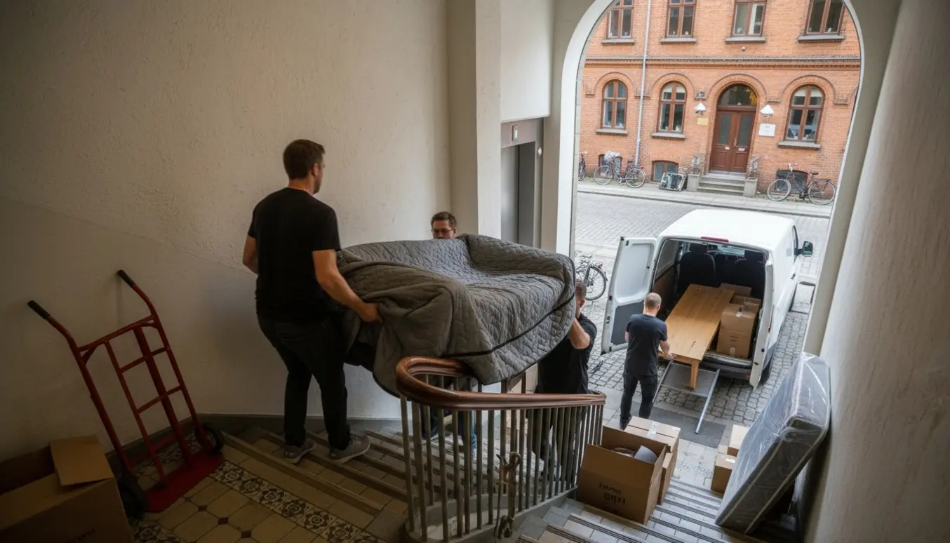 Flyttefolk bærer en indpakket sofa ned ad en trappe mod en varevogn på en dansk bygade.