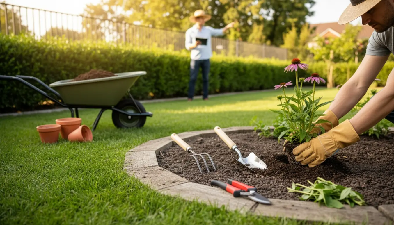 Gartner arbejder med lugning, beskæring og nyplantning i et lille staudebed med redskaber og trillebør i naturligt lys.