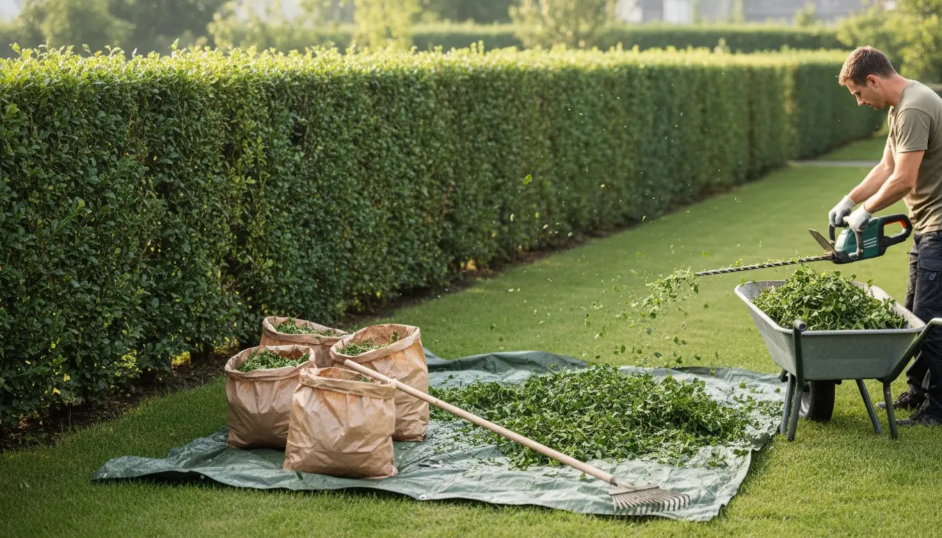 Lang hæk klippes, afklip samles i trillebør og haveaffaldssække på græsset.