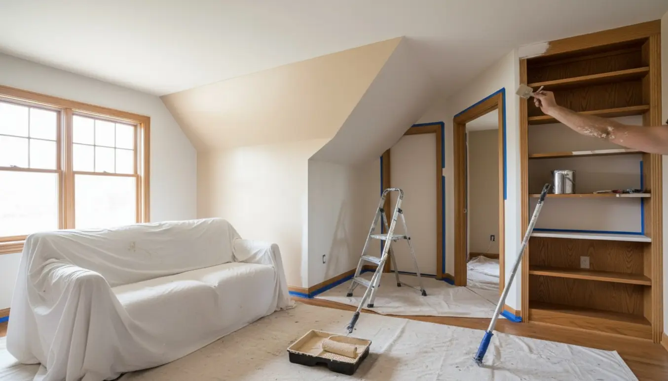 Stue med skråvægge, hvor hænder maler væg, loft og karme med afdækning på gulv og møbler.