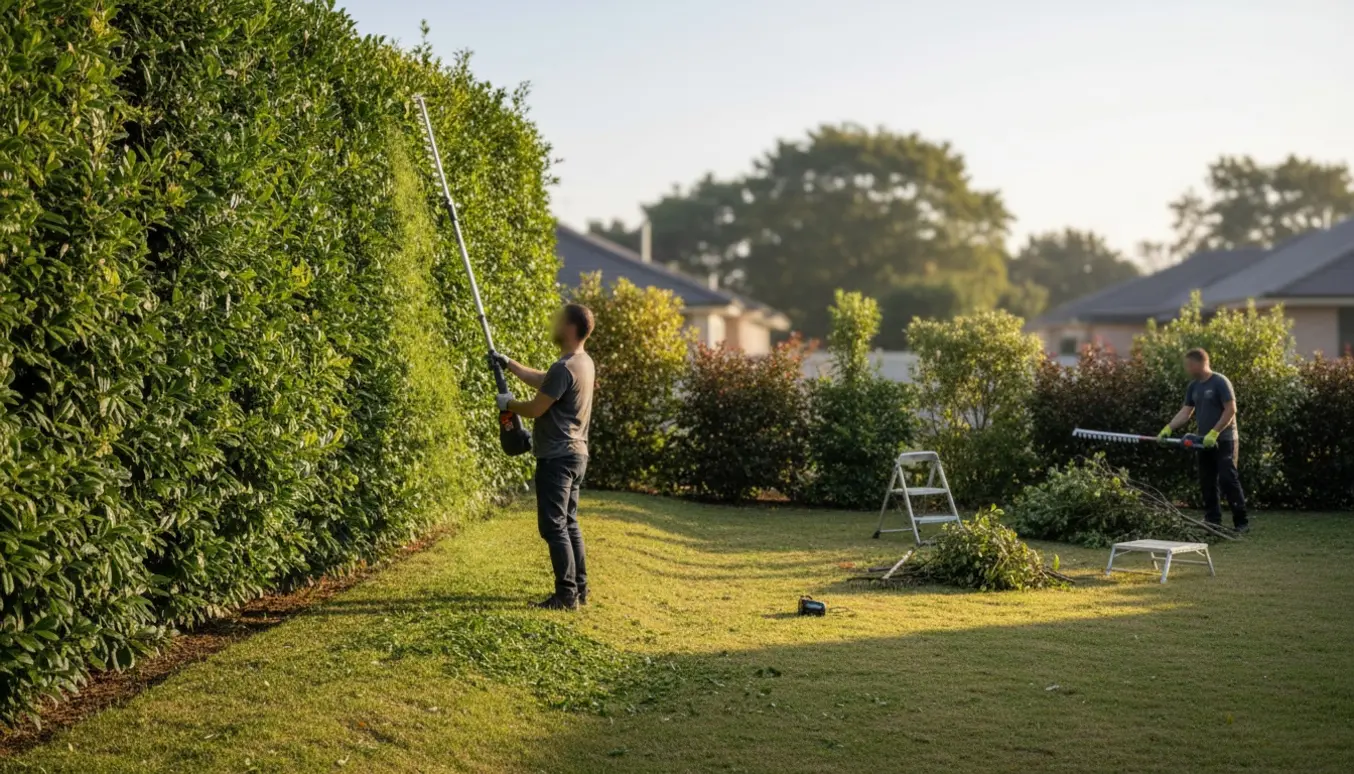 En person trimmer ligusterhæk med teleskophækkeklipper ved et hævet skel, mens en vild hæk i baggrunden bliver let beskåret.