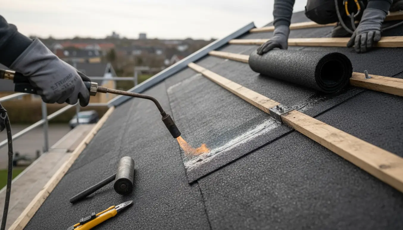 Nærbillede af svejsning af andet lag tagpap på et skråt tag med rullende tagpap, gasbrænder, klipfisk og stillads i baggrunden.