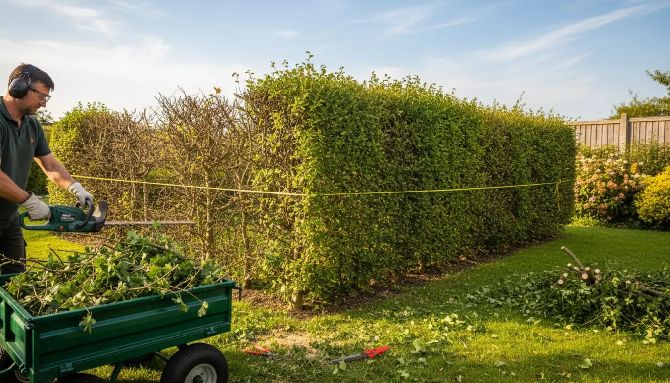 Tjørnehæk bliver klippet til ens højde med afklip samlet i en trailer.