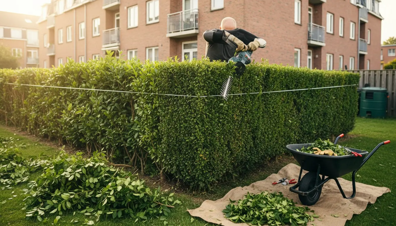 En baghavehæk ved en lejlighed bliver klippet til med hækkeklipper, med en bunke afklip og en trillebør i nærheden.