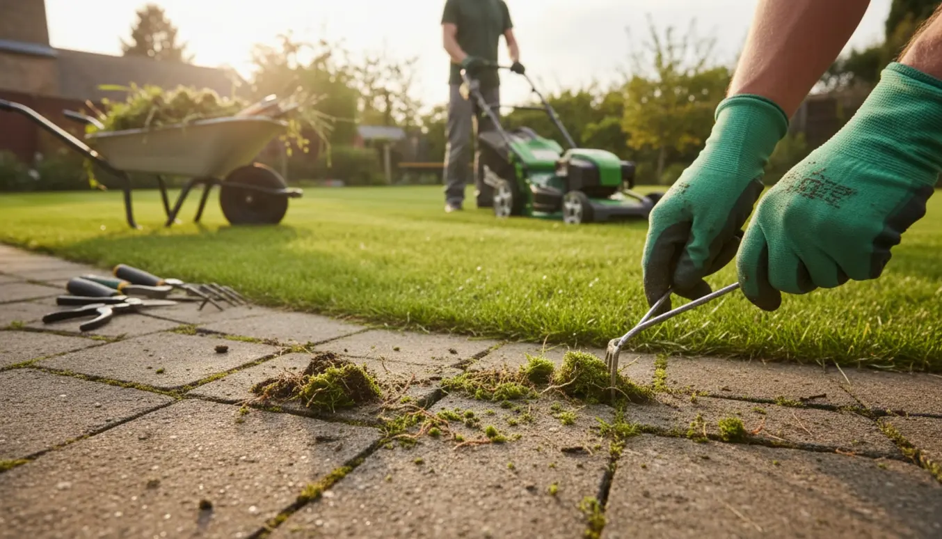 Hænder luger mellem fliser, mens en plæneklipper kører på græsset i baggrunden.