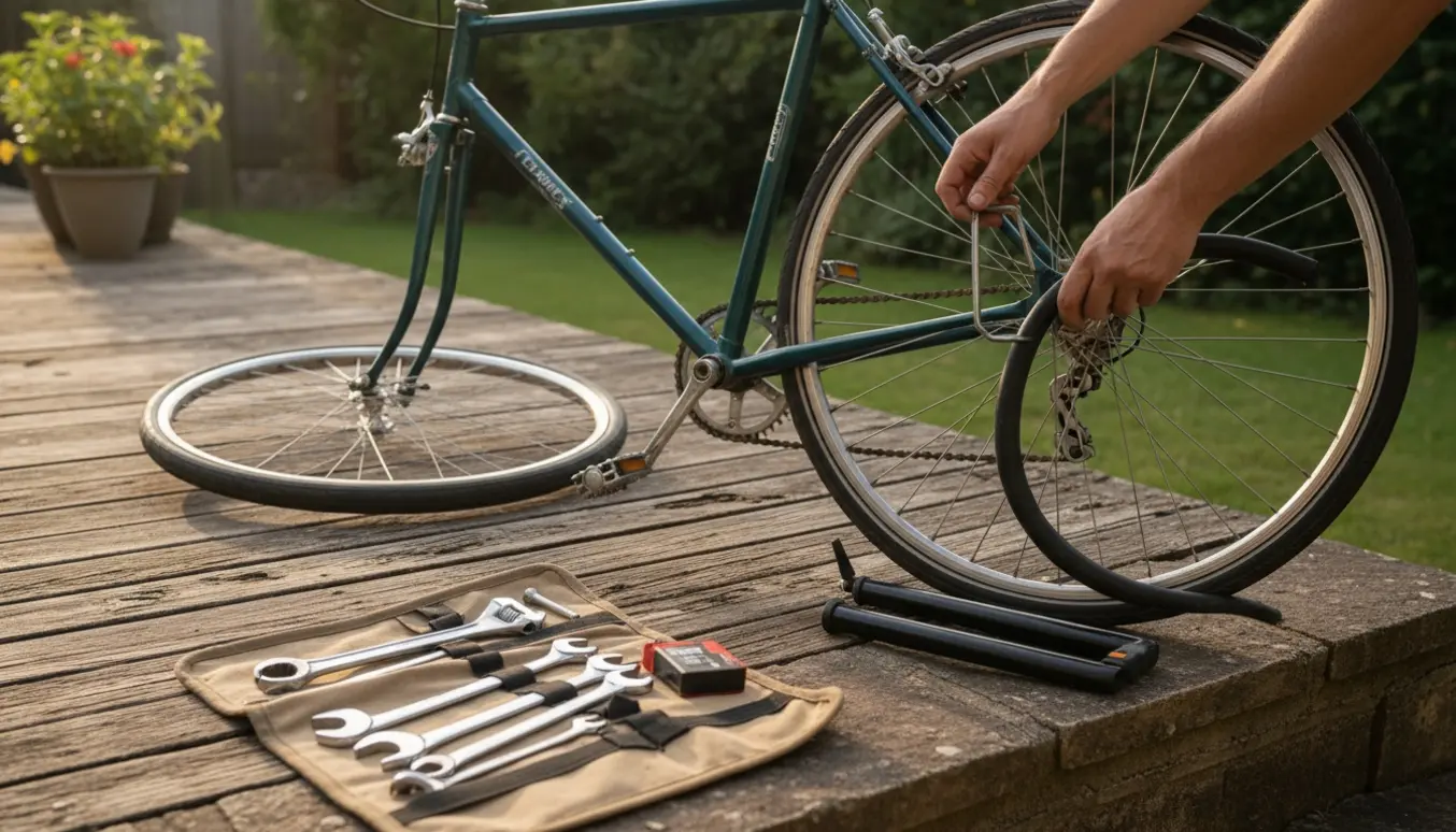 Nærbillede af hænder, der skifter et 26-tommers baghjul ved terrassen med en knækket ventil og værktøj ved siden af.