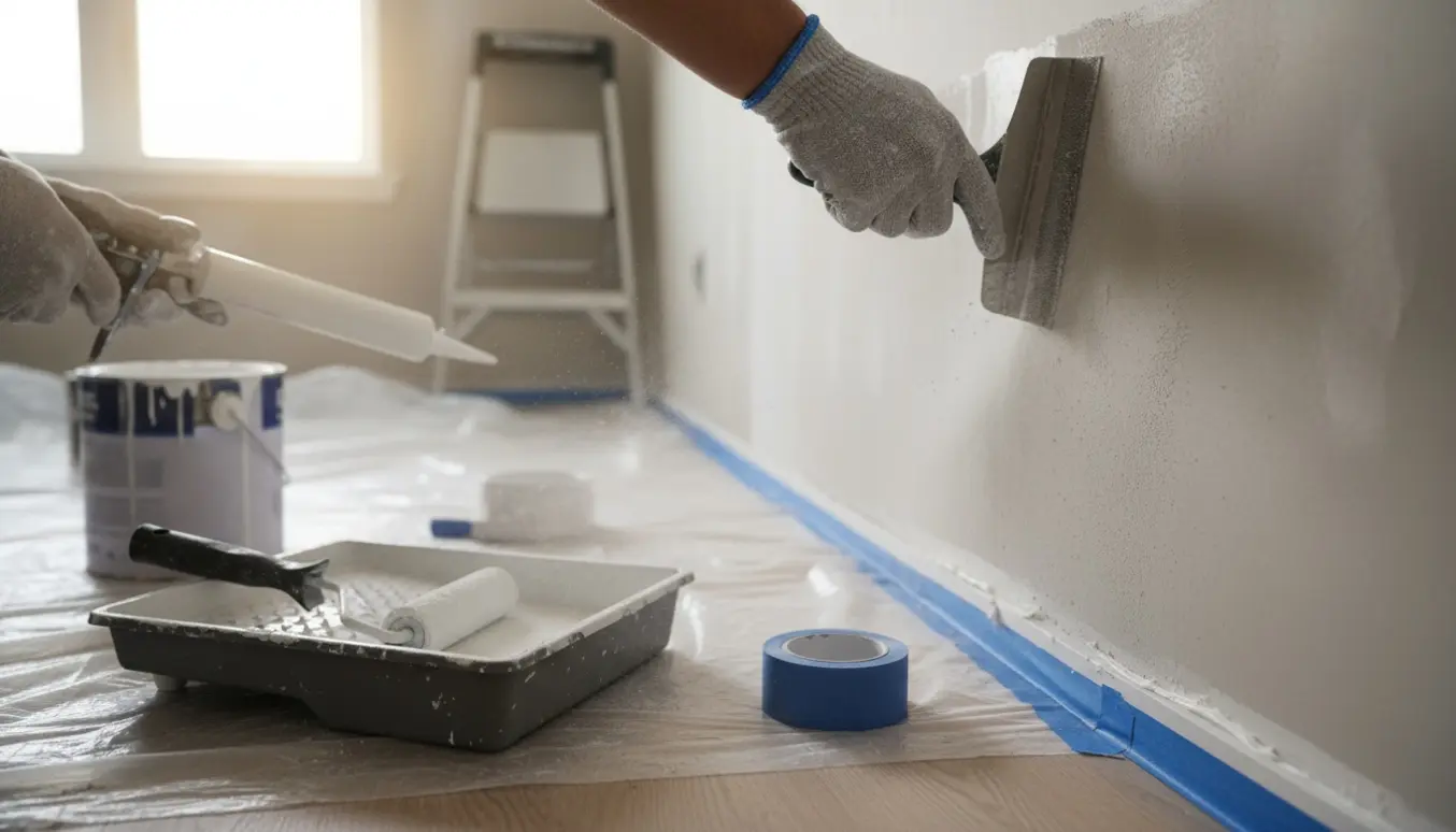 Hænder spartler og sliber en væg med malerredskaber i et rum under renovering.