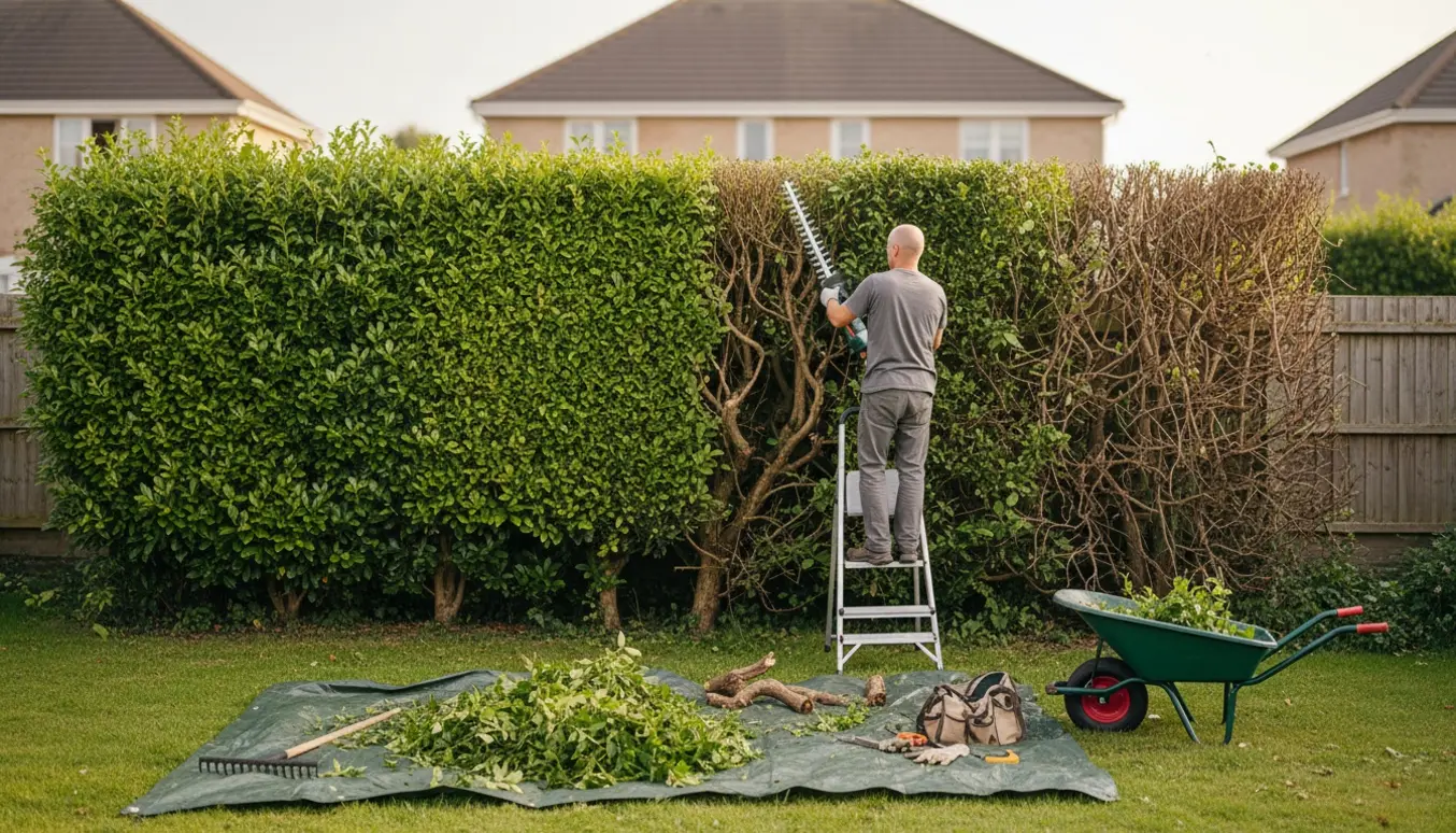 En person klipper en høj, bred hæk med elhækklipper, omgivet af værktøj og afklip i en velordnet have.