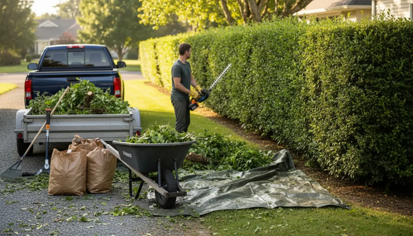 Nyklippet hæk med bunke af hækafklip i trillebør og trailer klar til bortkørsel.